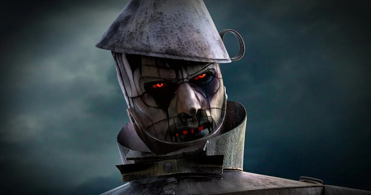 A menacing figure in a metallic suit with glowing red eyes and a dark, stormy background.