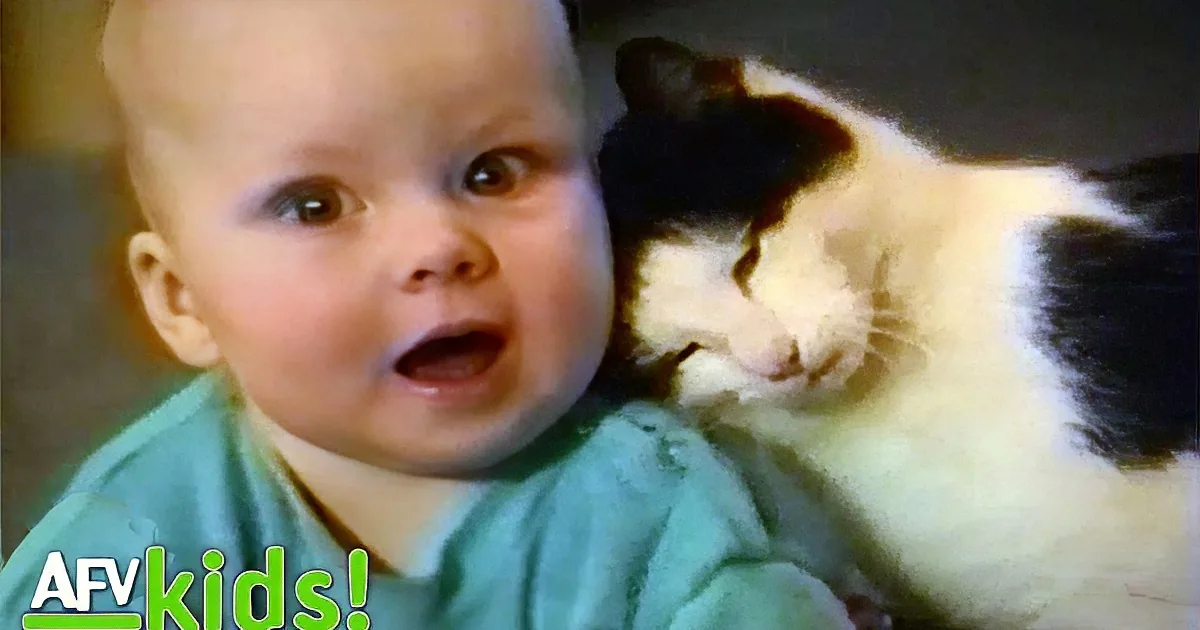 A baby in a green shirt is being kissed on the cheek by a black and white cat.