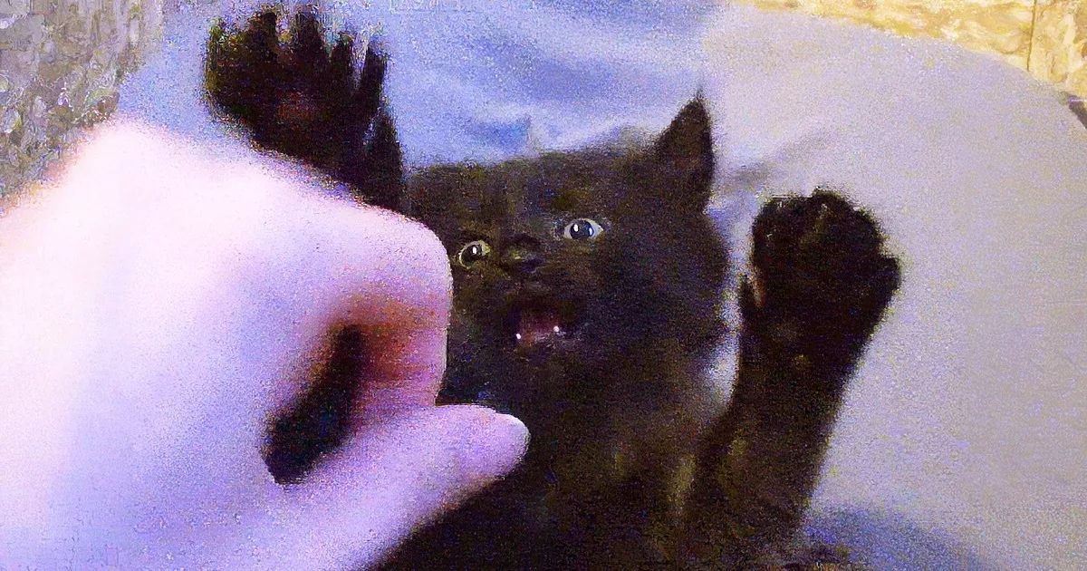 A small black kitten with wide eyes and open mouth, being gently held by a person's hands.