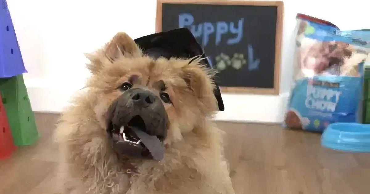 A fluffy dog wearing a graduation cap sits in front of a chalkboard labeled "Puppy."
