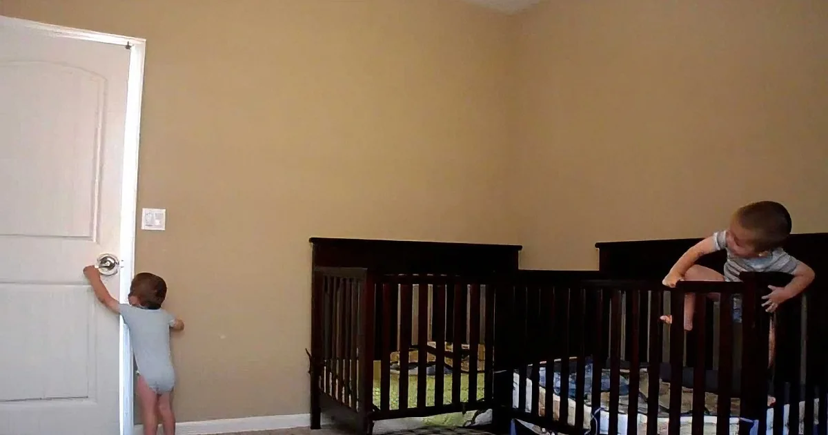 Two toddlers are climbing and exploring in a room with cribs and a door.