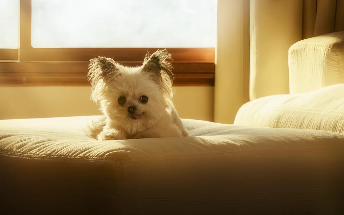 A small white dog with fluffy ears sits on a cushioned surface, bathed in warm sunlight.