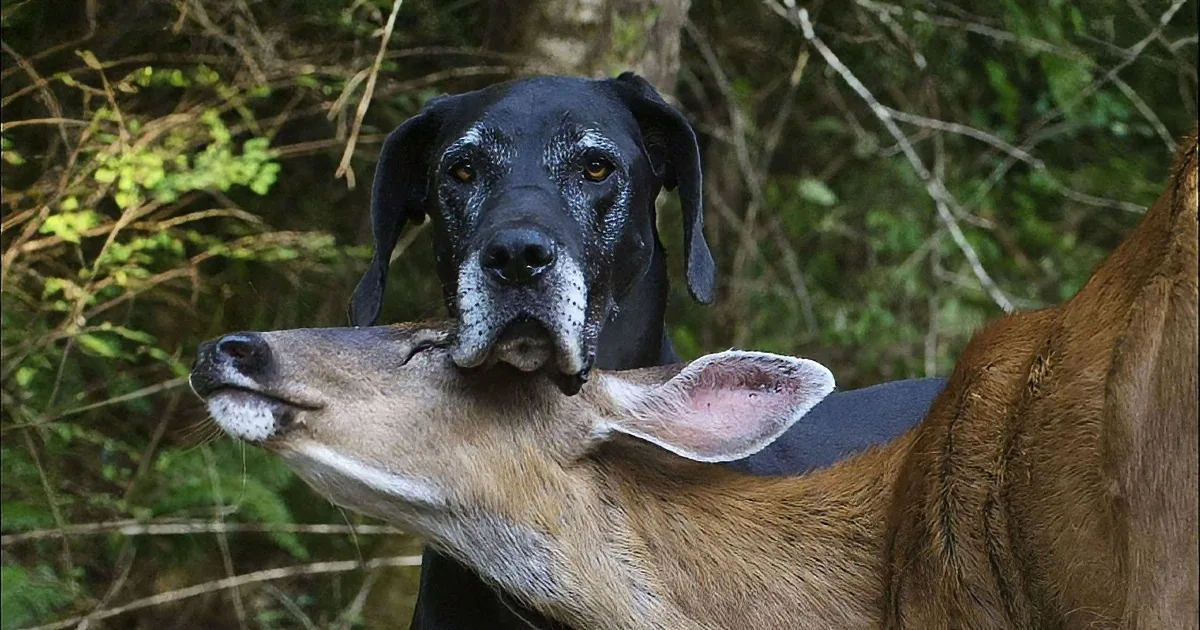 A Great Dane dog is holding a deer's head in its mouth, with the deer's antlers visible.