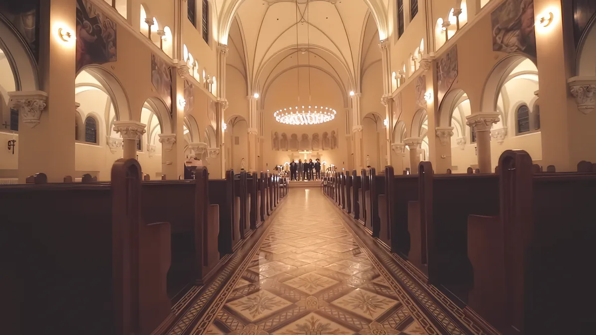 A grand church interior with ornate arches, tiled floor, and large chandelier.