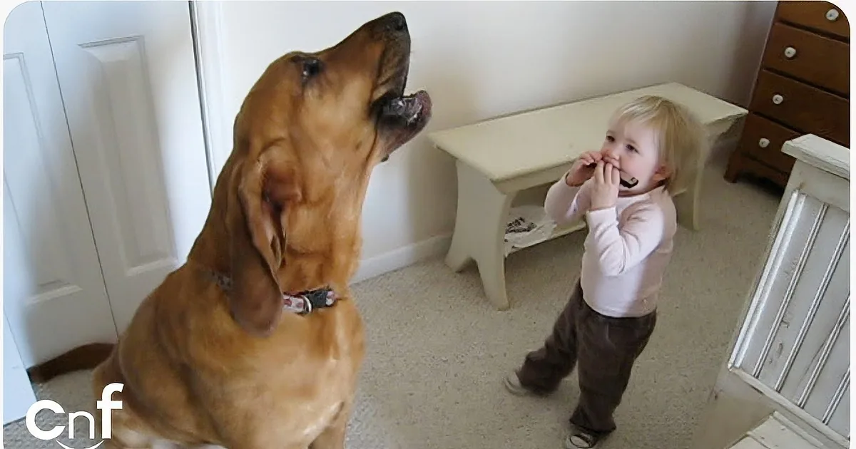 A bloodhound dog sits attentively as a toddler stands nearby, both in a cozy room.