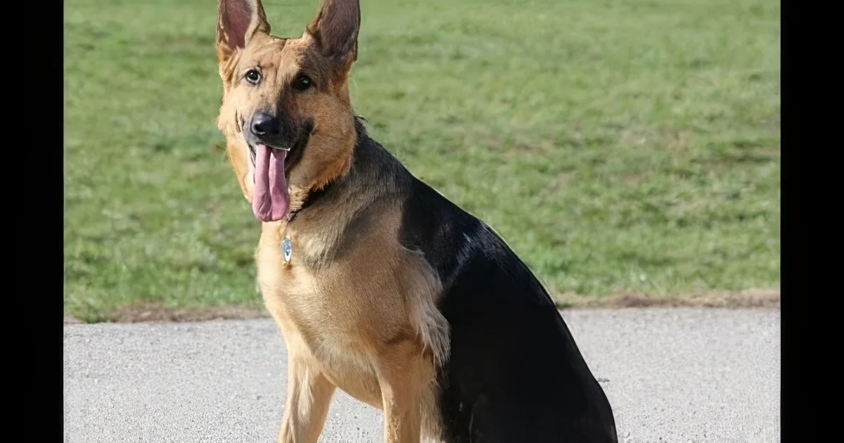 A German Shepherd dog sits on a paved surface with grass in the background.