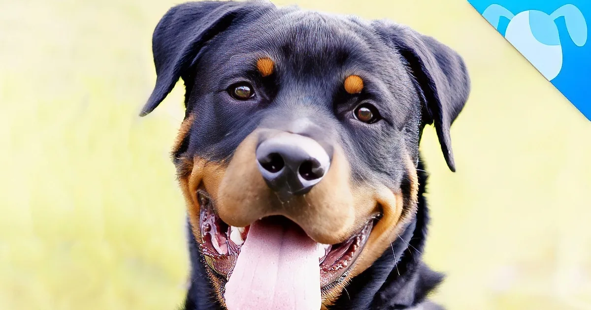 A happy Rottweiler with its tongue out, looking directly at the camera.
