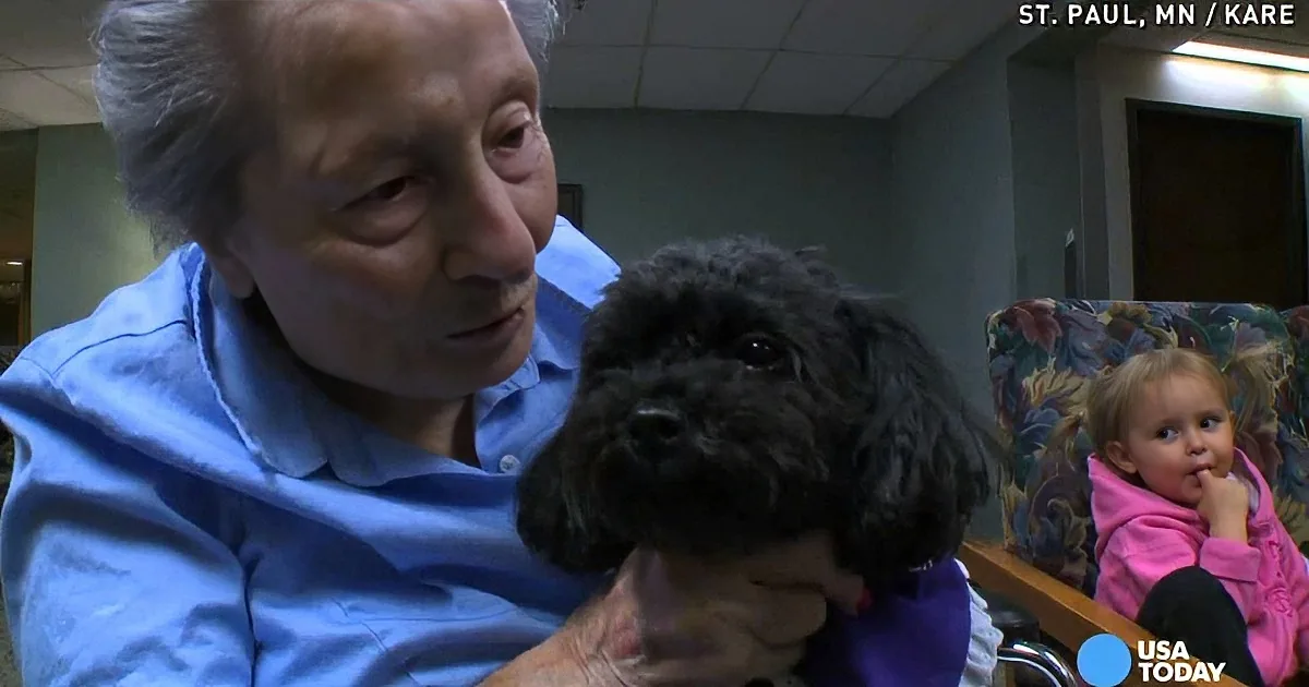 An elderly man holds a small black dog, while a child in pink sits nearby in a waiting area.