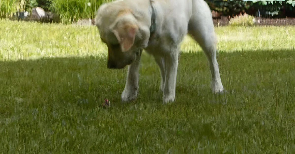 A light-colored dog stands on grass, sniffing the ground with its head lowered.