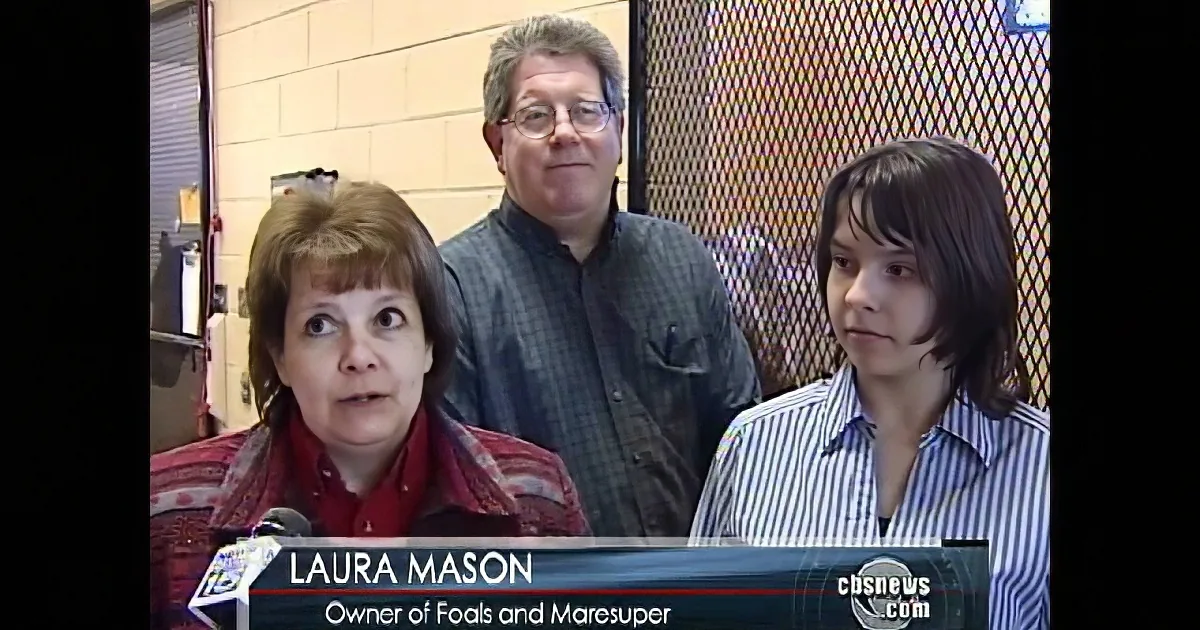 Laura Mason, owner of Foals and Maresuper, speaks at a news conference with two other individuals.