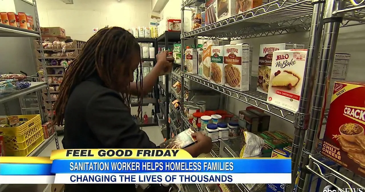 A sanitation worker sorts food items in a pantry, helping homeless families.