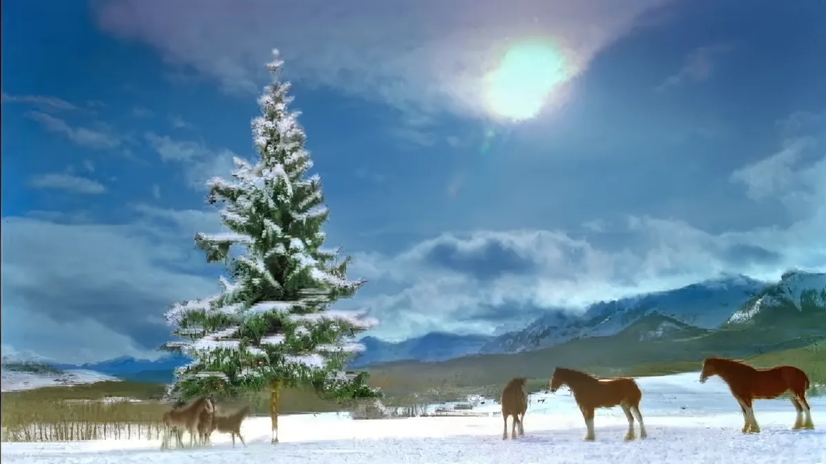 Snow-covered tree stands tall amidst a serene winter landscape with horses grazing under a bright sun.