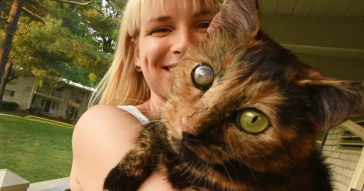 A woman holds a tortoiseshell cat with striking green eyes, both smiling in a sunny outdoor setting.