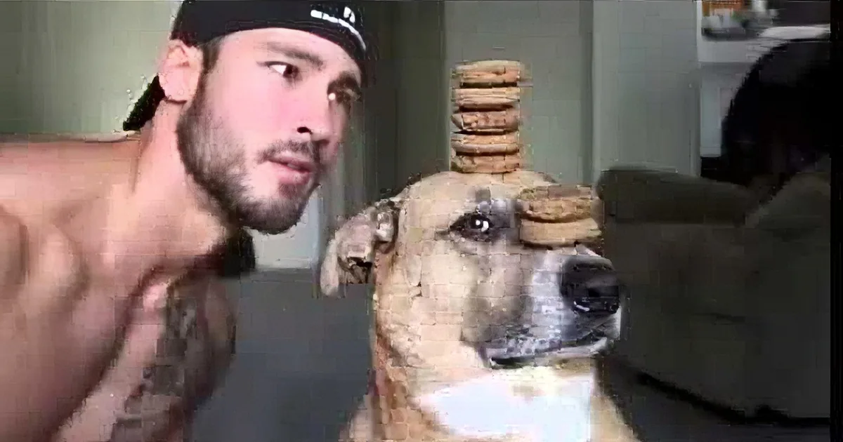 A shirtless man with a dog balancing cookies on its nose.