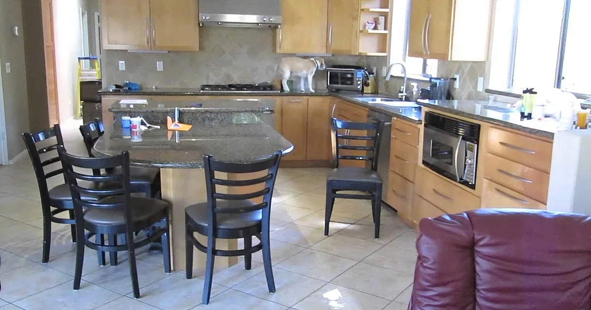 A dog stands on the kitchen counter amidst a modern kitchen with wooden cabinets and a granite island.