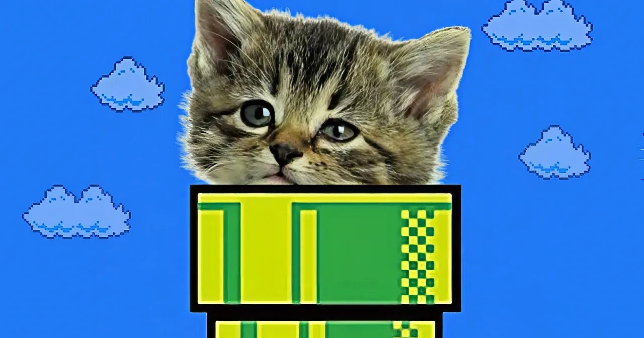 A cat is superimposed onto a pixelated platform game background with clouds and a blue sky.
