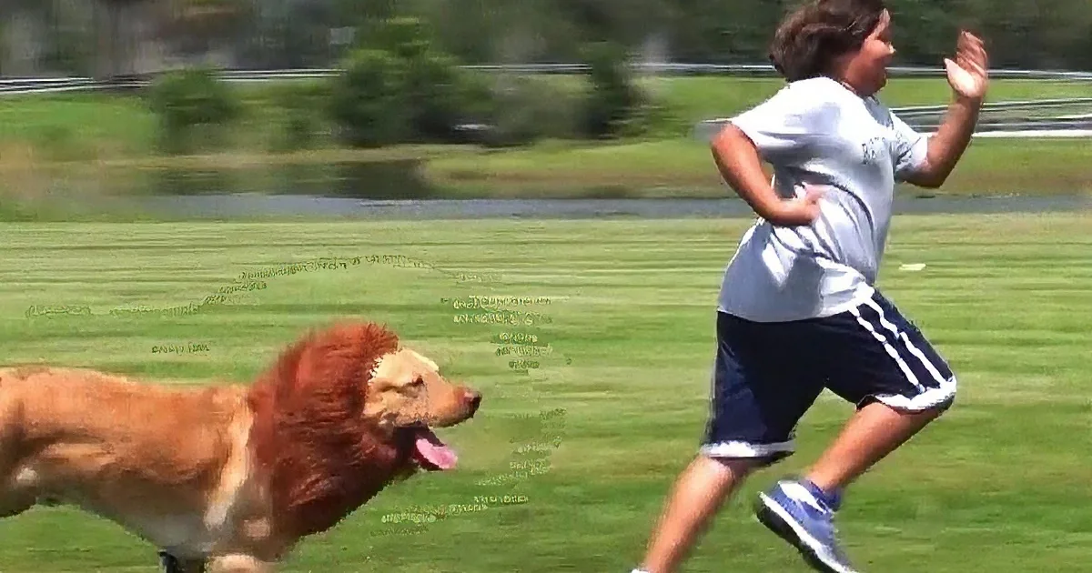 A boy runs alongside a dog wearing a lion mane in a grassy field.