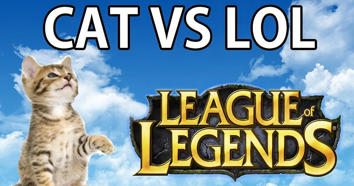 A cat stands next to the League of Legends logo with "CAT VS LOL" text above.