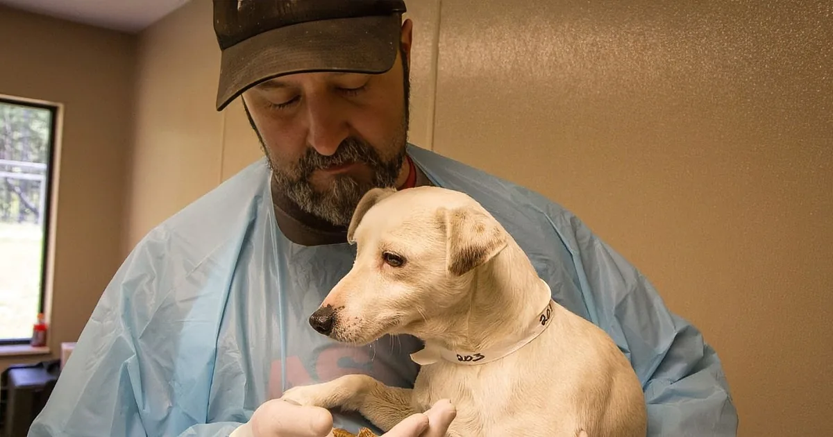 A man in a blue coat holds a light-colored dog, both appearing calm and content.