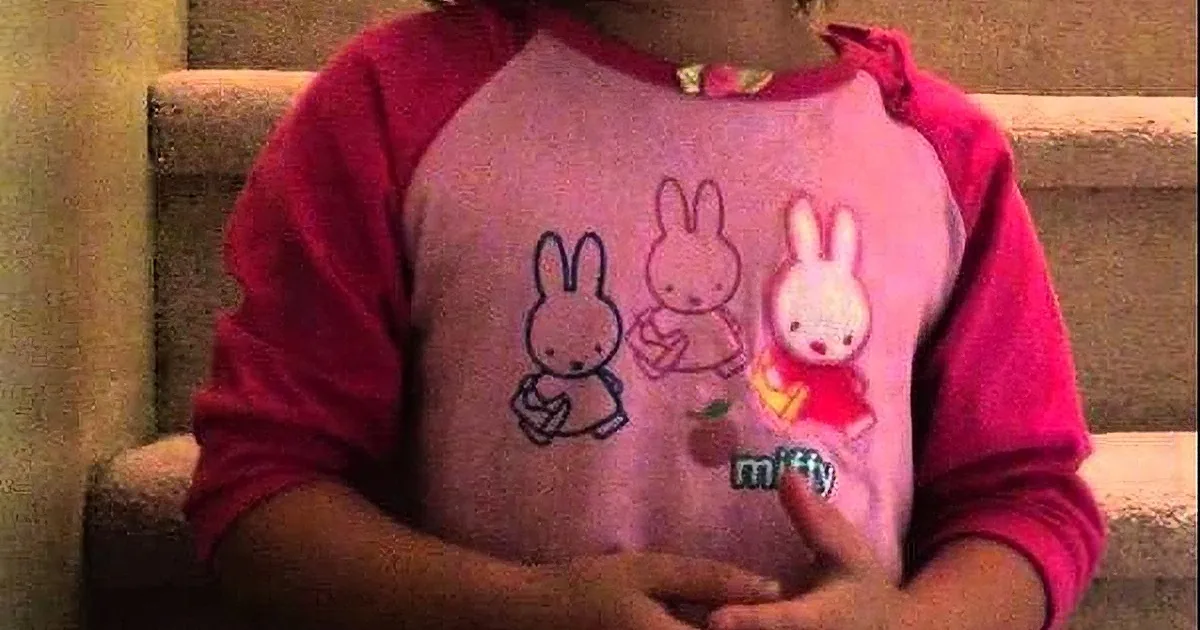 A child wearing a pink and red shirt with Miffy the rabbit characters is sitting on a staircase.