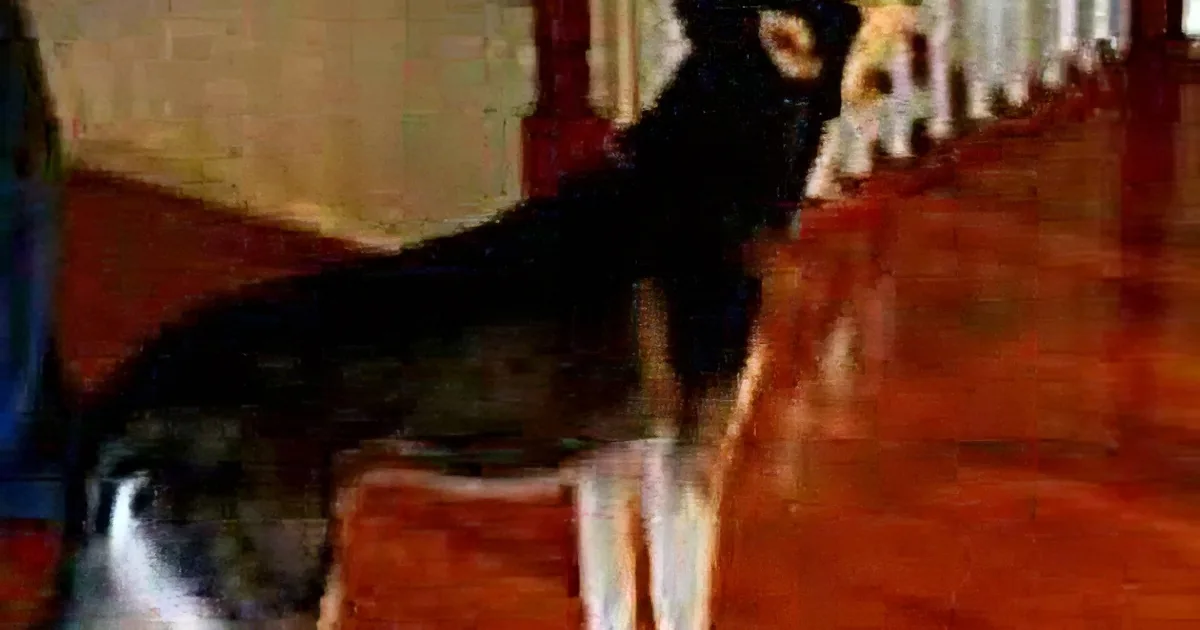 A cat with a white and black coat is sitting on a wooden staircase.