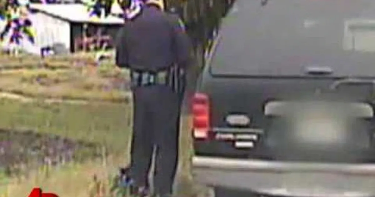 A person in dark clothing walks away from a vehicle in a grassy area.