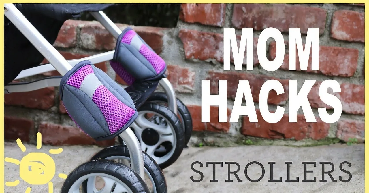 A stroller with purple and gray wheels is shown against a brick wall, accompanied by the text "MOM HACKS STROLLERS."