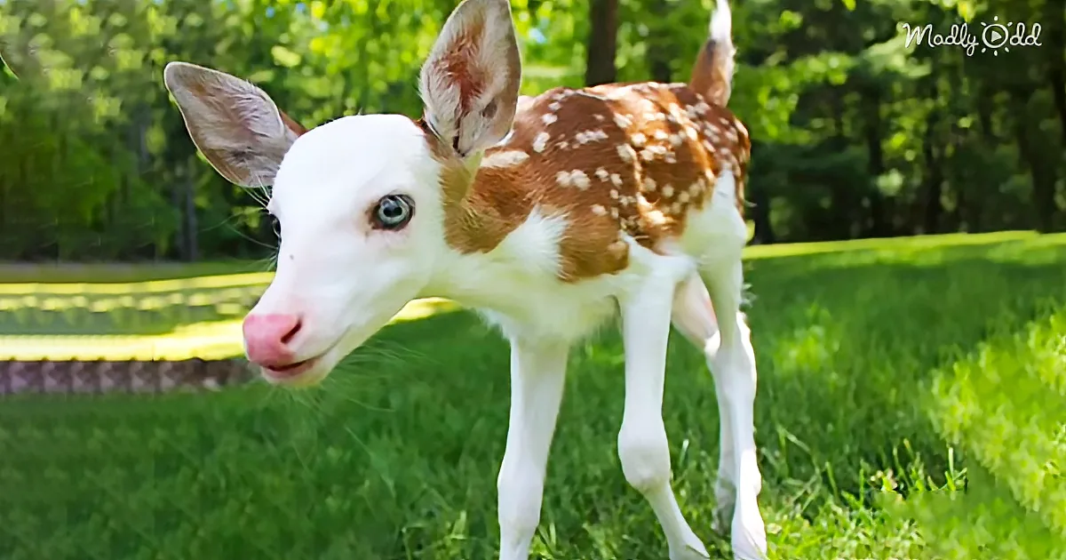 A young fawn with white and brown spots stands on grass, looking to the left with a curious expression.