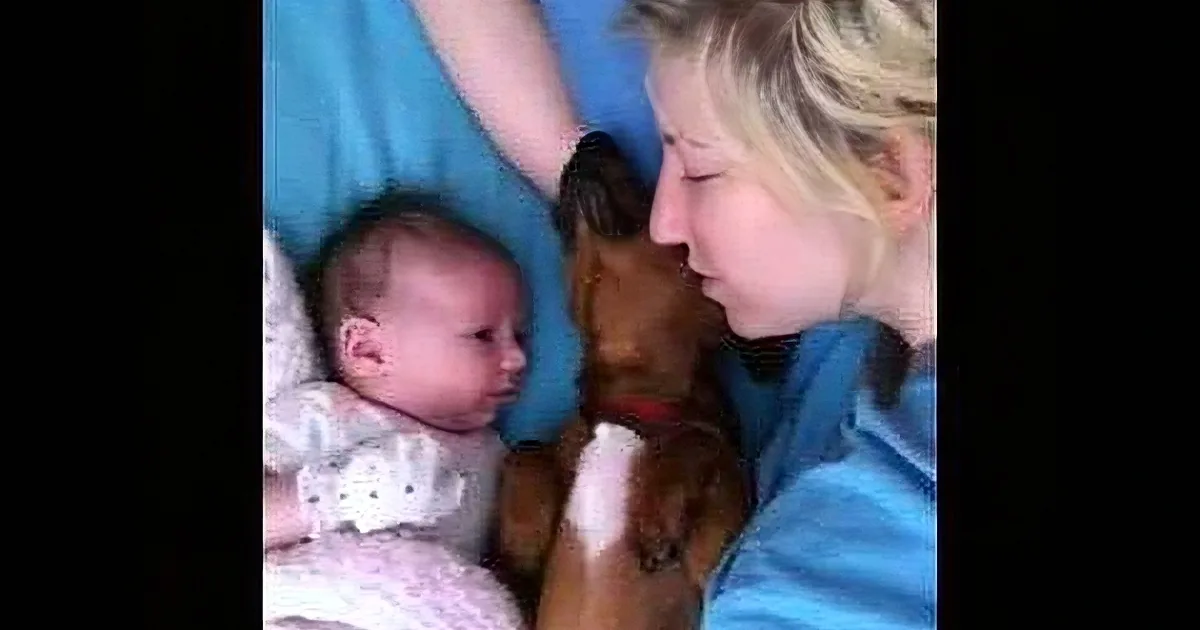 A woman holds a baby in a blue outfit, both looking at each other, with a dog in the background.