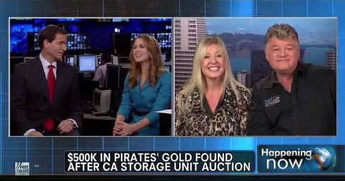 A news broadcast shows four people discussing a $500K pirate storage audit in California.