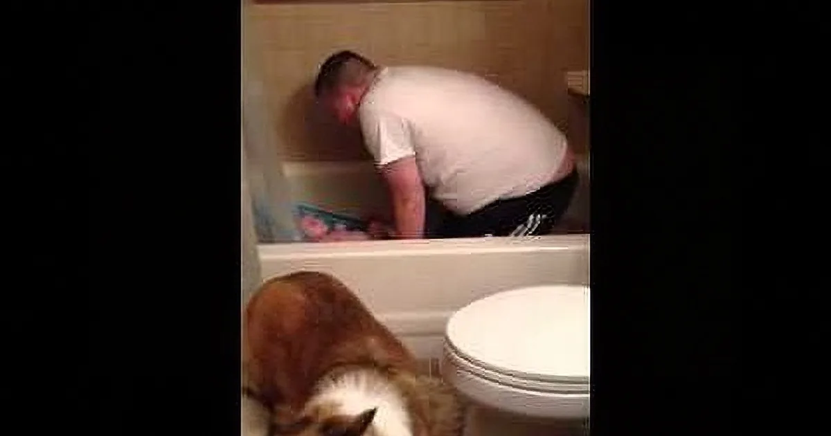 A man bends over a bathtub, possibly washing something, with a dog observing nearby.