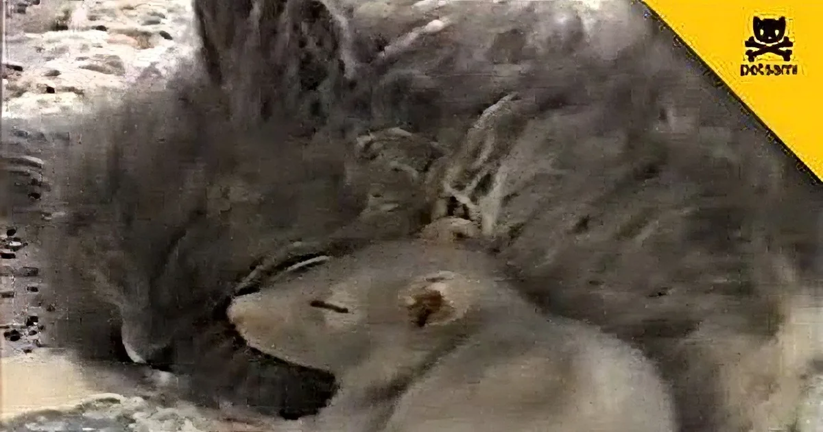 A fluffy gray cat is curled up, appearing to be asleep, with its head resting on its paw.