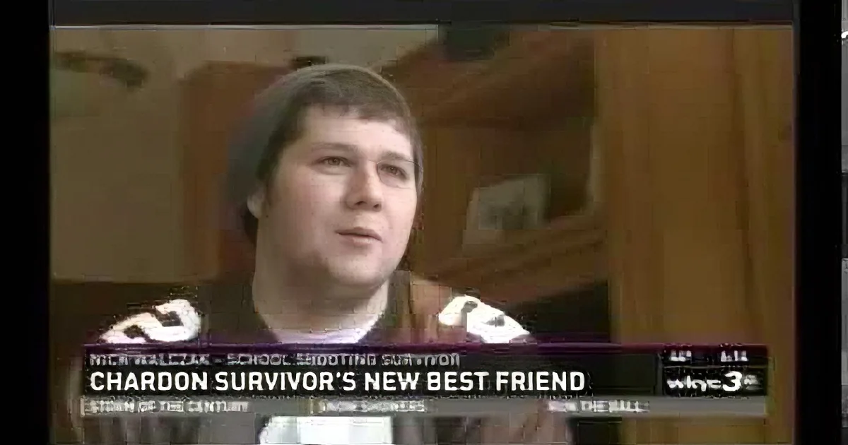 A person is being interviewed on TV about being a Chardon survivor and new priest.