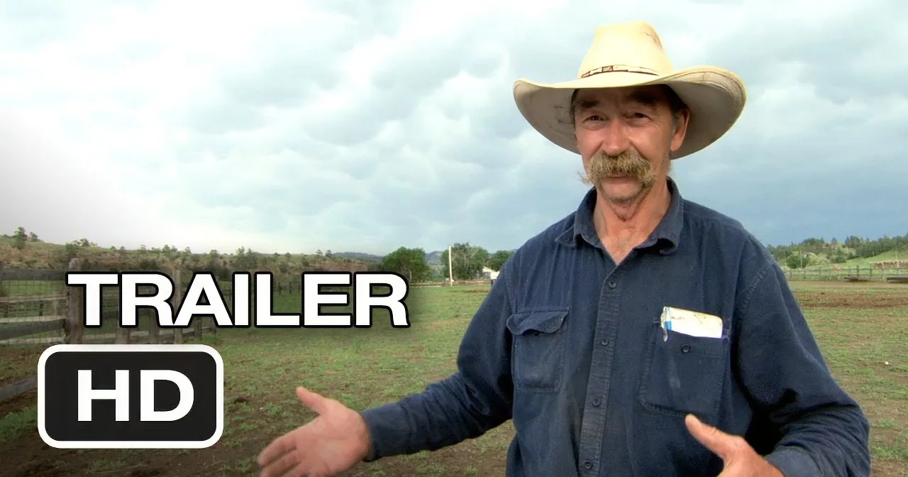 A man in a cowboy hat and blue shirt gestures in a field with a cloudy sky and fence in the background.