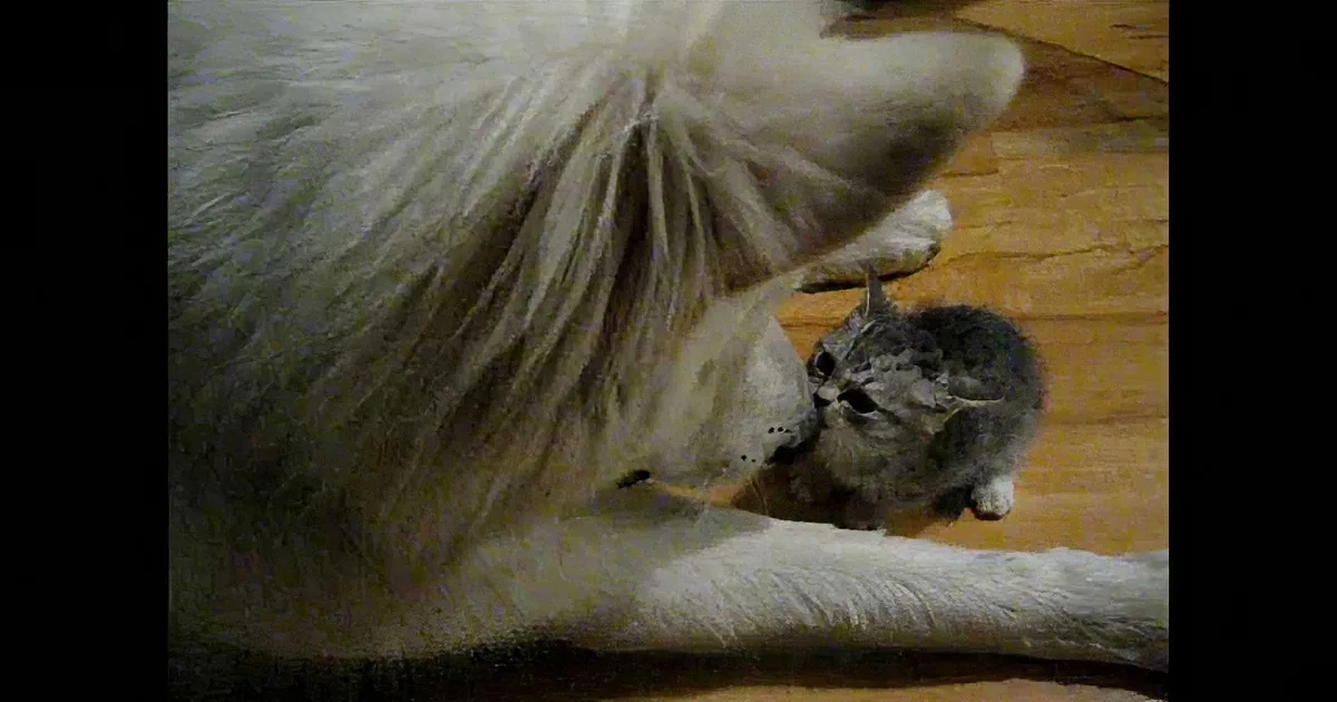 A large white cat lounges on a wooden floor, with a small tabby kitten nestled between its legs.