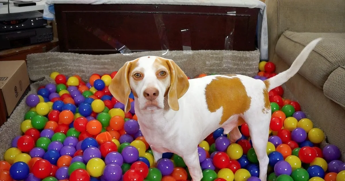 A beagle dog is surrounded by a colorful ball pit, looking curious and playful.