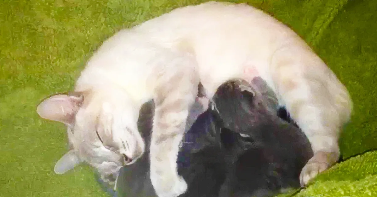 A white cat is curled up on a green surface, appearing to be asleep or resting.