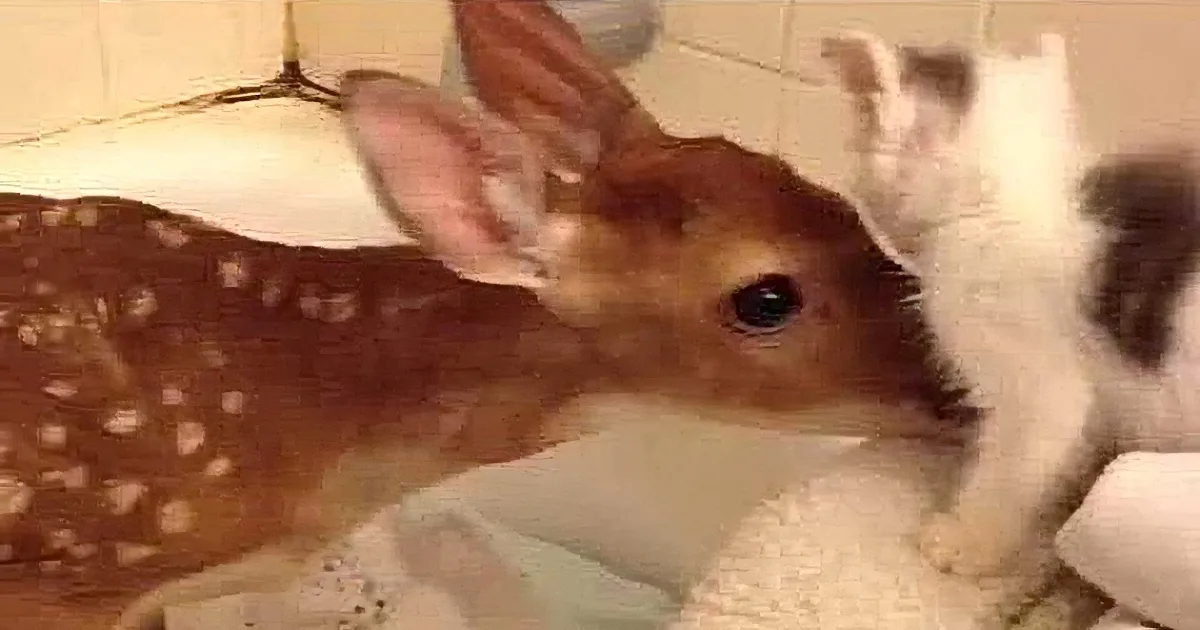 A baby deer with spots is nestled in a cozy blanket, surrounded by fluffy white and gray kittens.