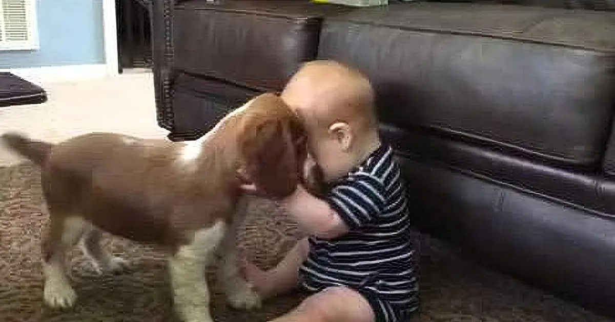 A baby in striped pajamas sits on a couch, gently holding a brown and white puppy.