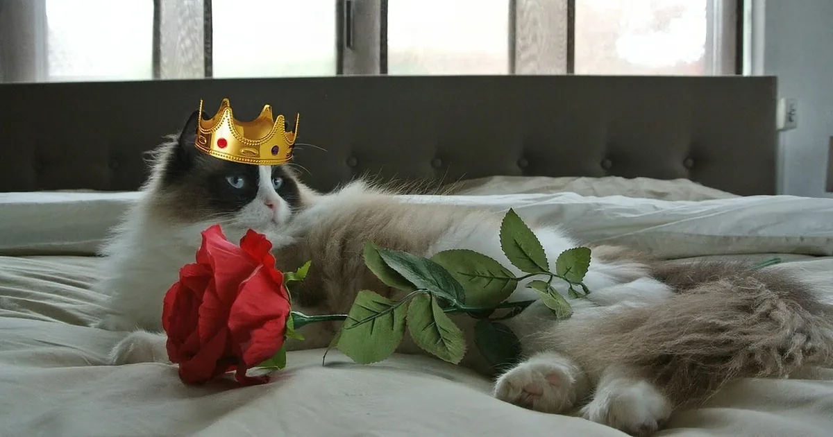 A cat wearing a golden crown lies on a bed with red roses, looking regal and serene.