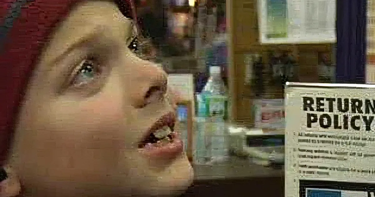 A young boy wearing a red beanie looks up, surrounded by store shelves with signs and products.