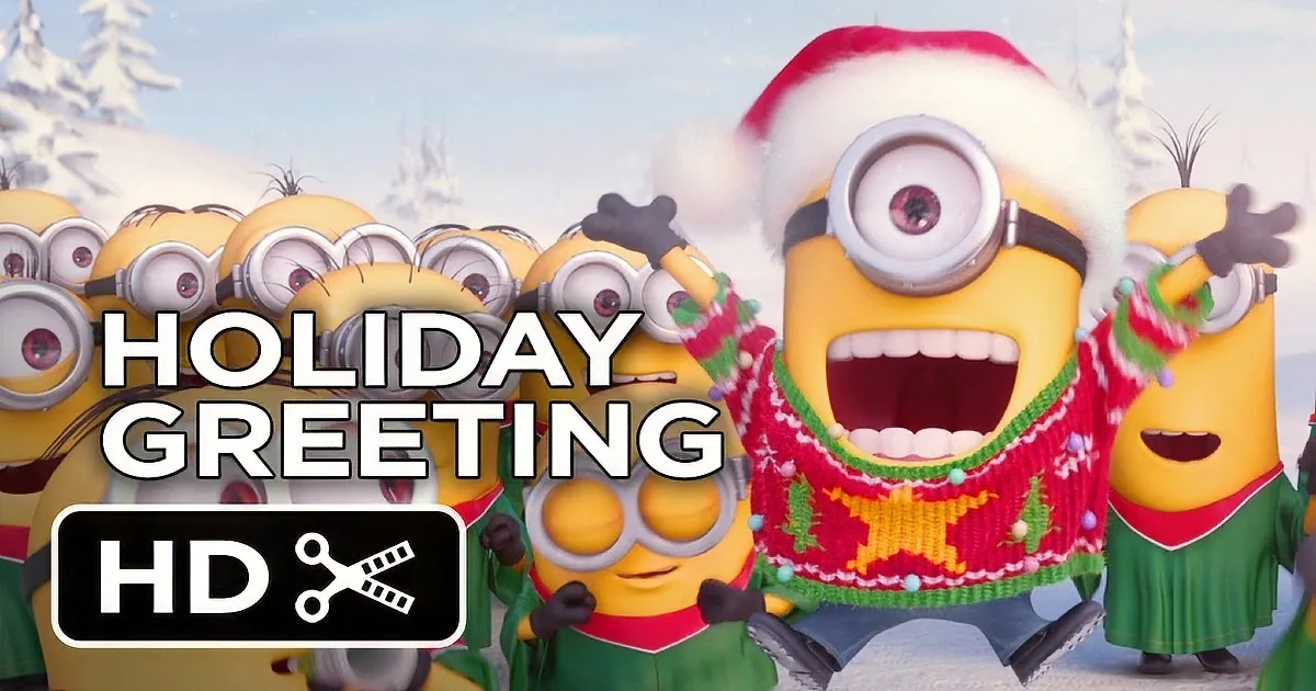 A festive Minion in a Santa hat and Christmas sweater leads a group of minions in a holiday cheer.
