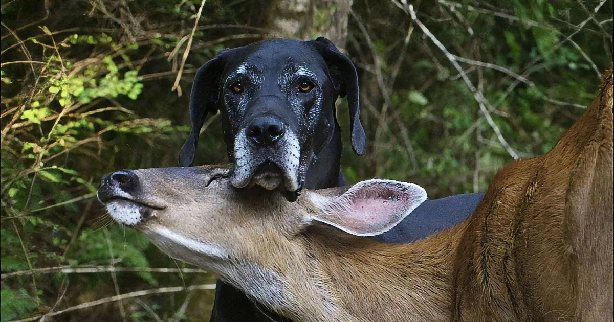 A Great Dane dog is holding a deer's head in its mouth, with a forest background.