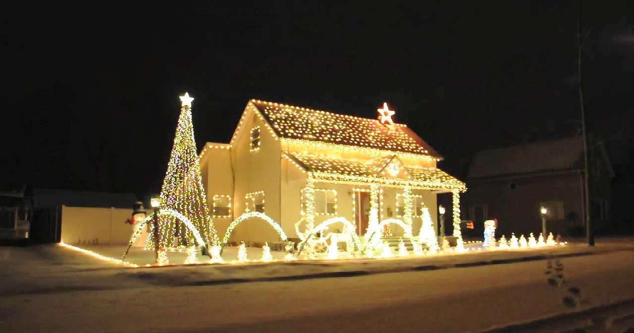 A house adorned with festive lights and a tall Christmas tree stands illuminated against a snowy night.