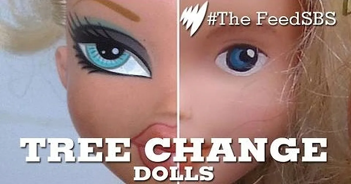 A close-up of a doll with exaggerated makeup, text "Tree Chihan" and hashtag "#TheFeedSBS" visible.