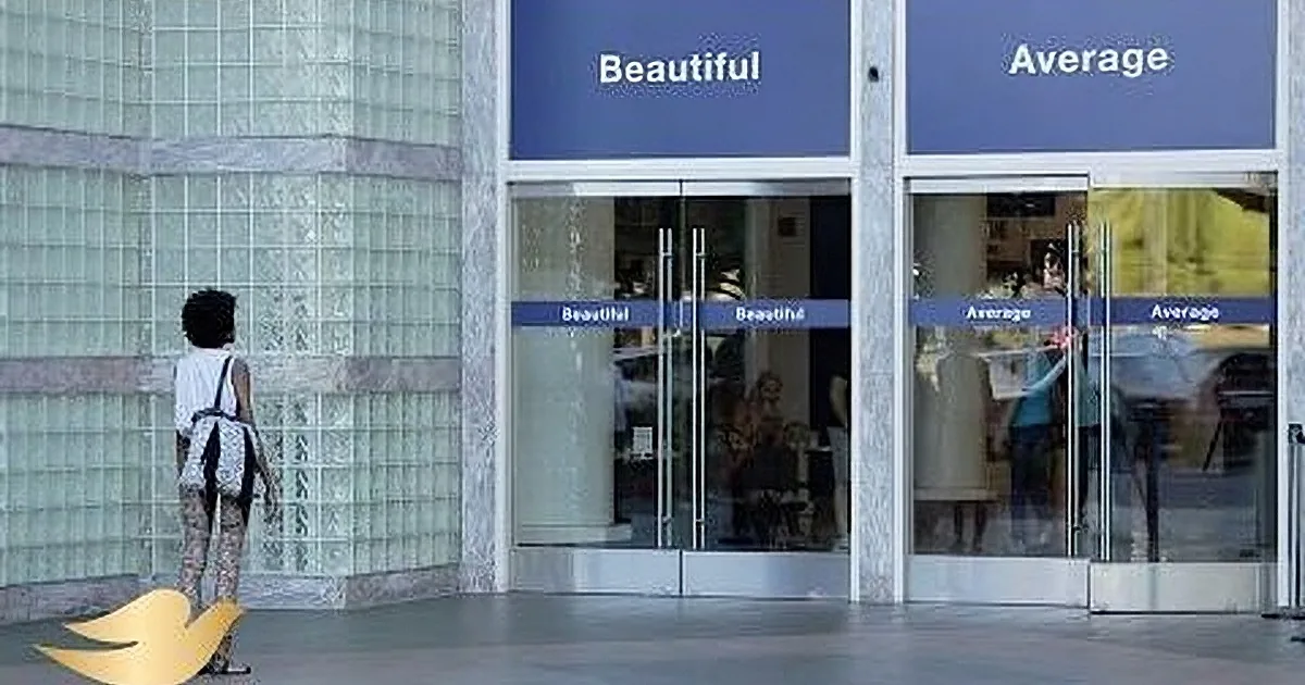 A woman stands outside a building with "Beautiful" and "Average" signs above two different entrances.