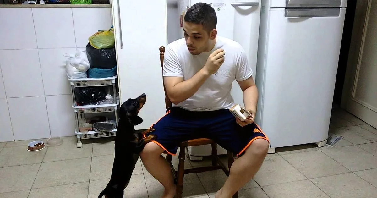 A man sits in a chair in a kitchen, holding a book, with a dog sitting on a stool beside him.