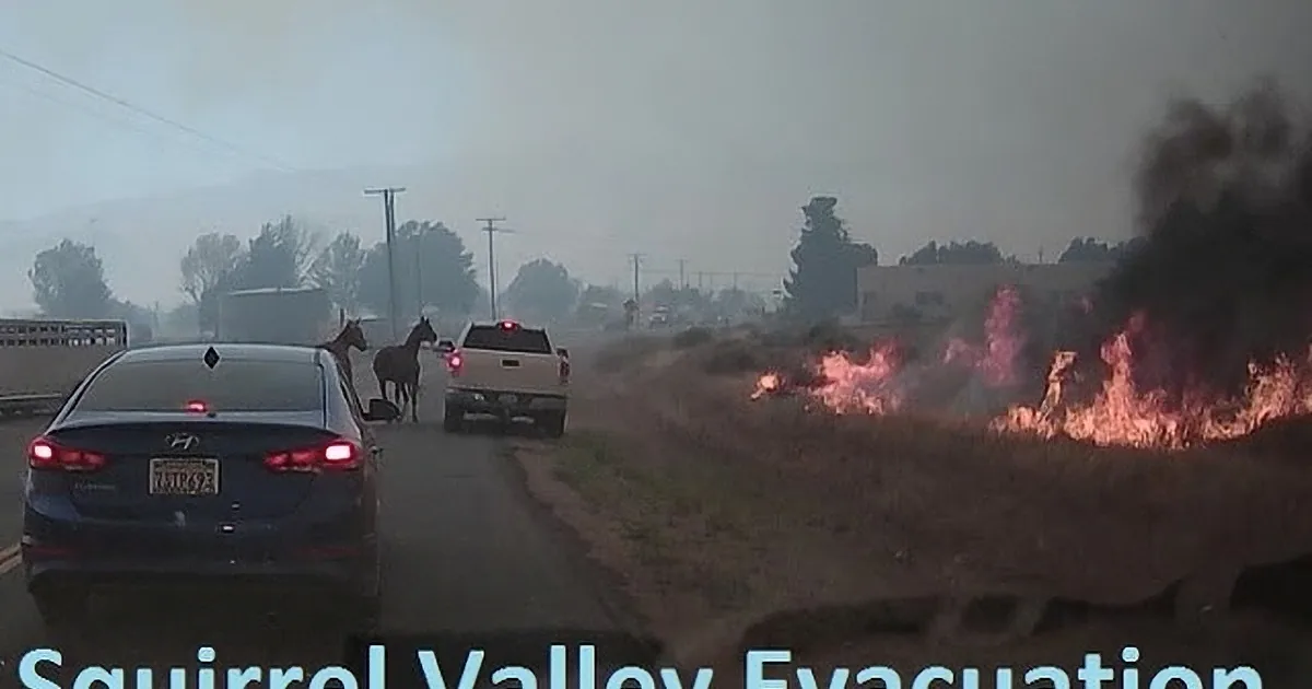 A car drives past a burning field with smoke and flames visible.