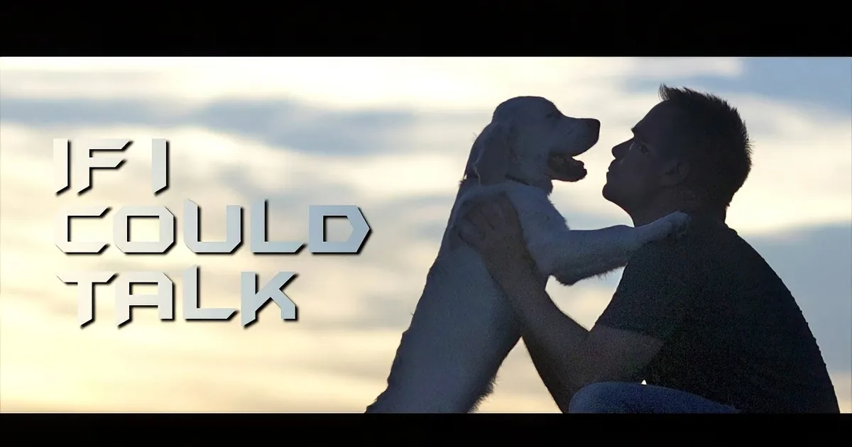 A man holds a dog in silhouette against a sunset sky, with text reading "IF I COULD TALK."