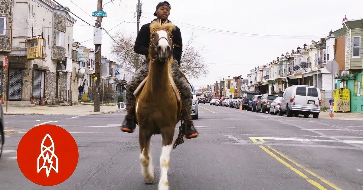 A man rides a horse on a city street, holding a phone, with a car and buildings in the background.